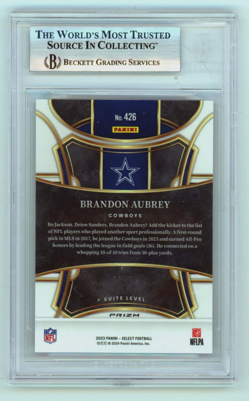 Brandon Aubrey 2023 Panini Select Tie-Dye Prizm Signed w/ Insc. RC #/25 BGS Auto