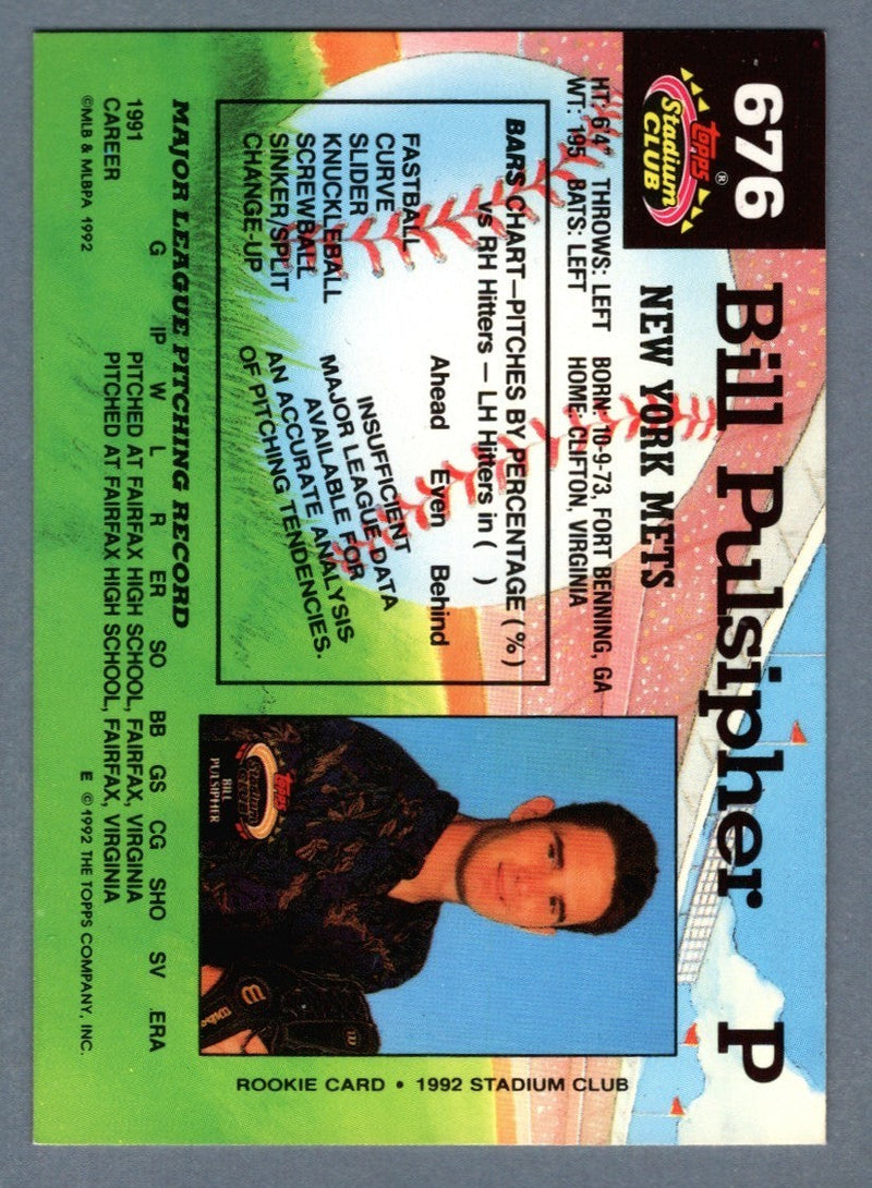 Bill Pulsipher Signed 1992 Topps Stadium Club RC w/ Generation K  LSCM COA Mets