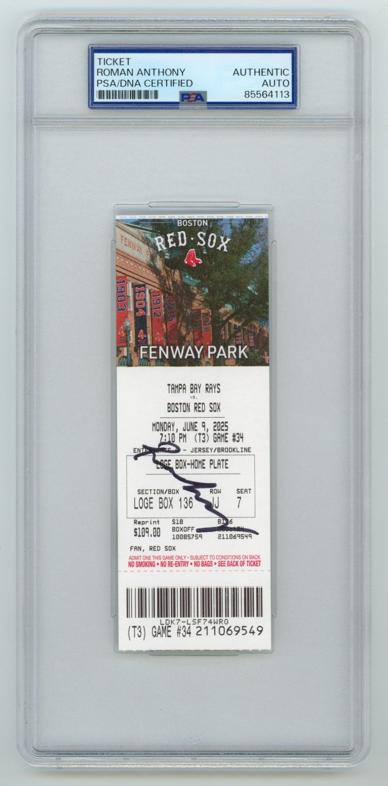 Roman Anthony Signed MLB Debut Game Ticket 6/9/25 PSA Authentic Auto Red Sox