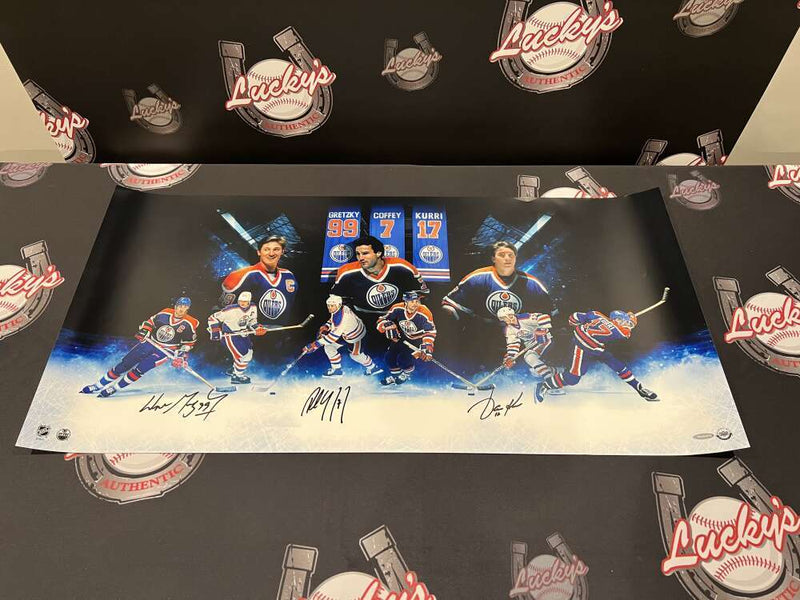 Wayne Gretzky Paul Coffey Jari Kurri Triple Signed Auto 36x18 Photo UDA COA