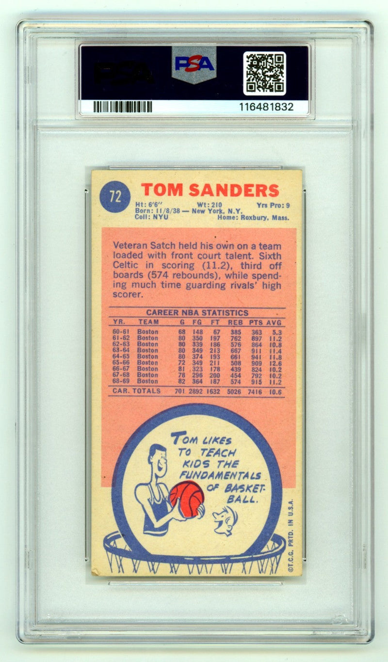 Tom "Satch" Sanders 1969-70 Topps #72 Tall Boy Signed w/ 2 Insc. PSA 10 Auto A