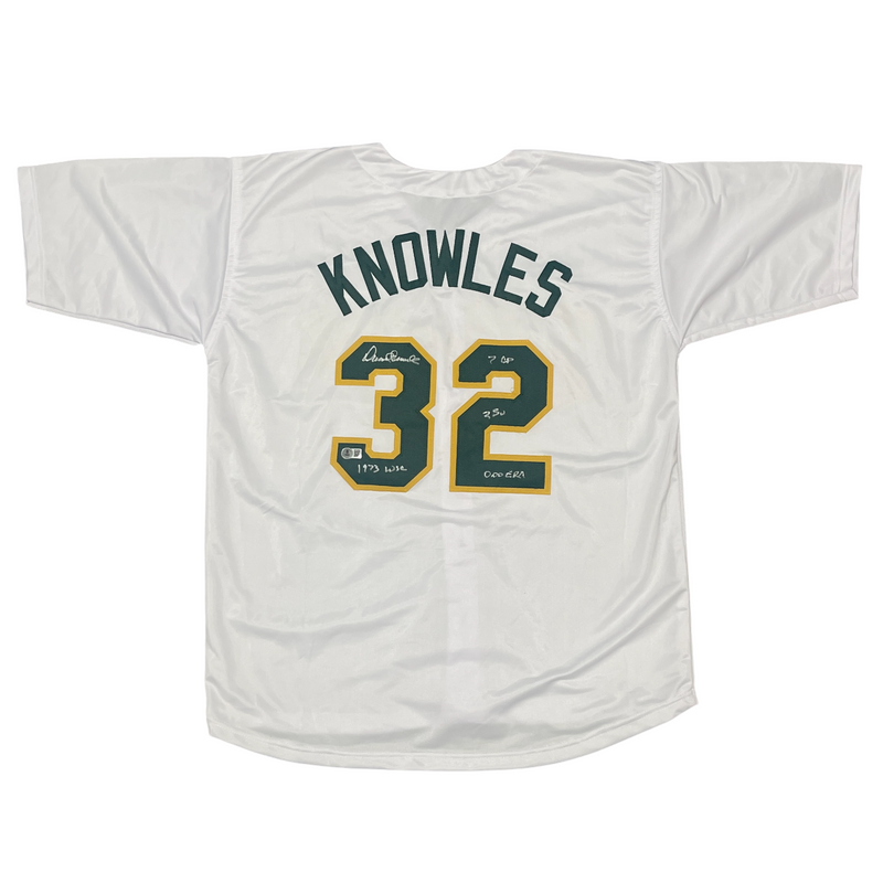 Darold Knowles Signed Athletics Custom Jersey w/ 1973 WS Ins Beckett Wit BAS COA
