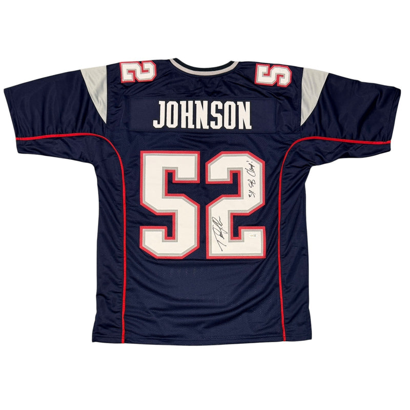 Ted Johnson Signed Patriots Custom Jersey w/ 3x SB Champ JSA Witness COA