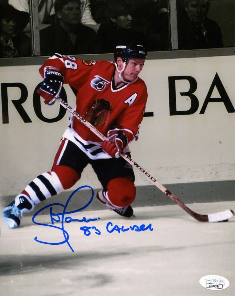 Steve Larmer Signed Chicago Blackhawks 8x10 Photo w/ 83 Calder JSA COA