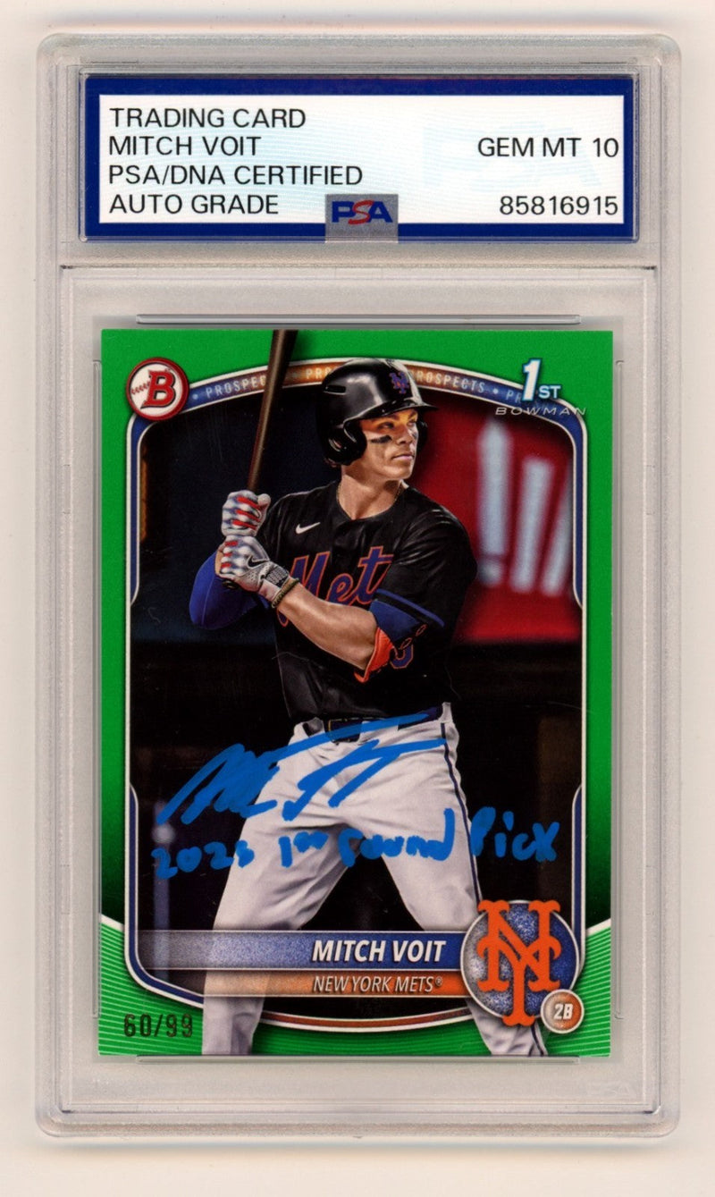 Mitch Voit 2025 Bowman Draft Signed 1st Green Rookie RC /99 w/ Insc. PSA 10 Auto