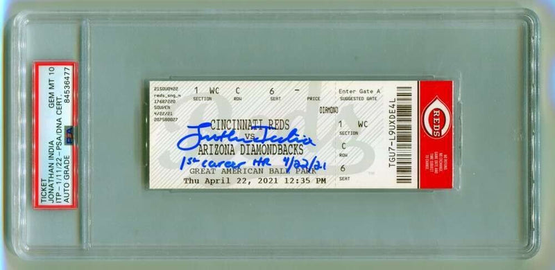 Jonathan India Signed 1st Home Run Ticket 4/22/2021 w/ Inscription PSA 10 Auto