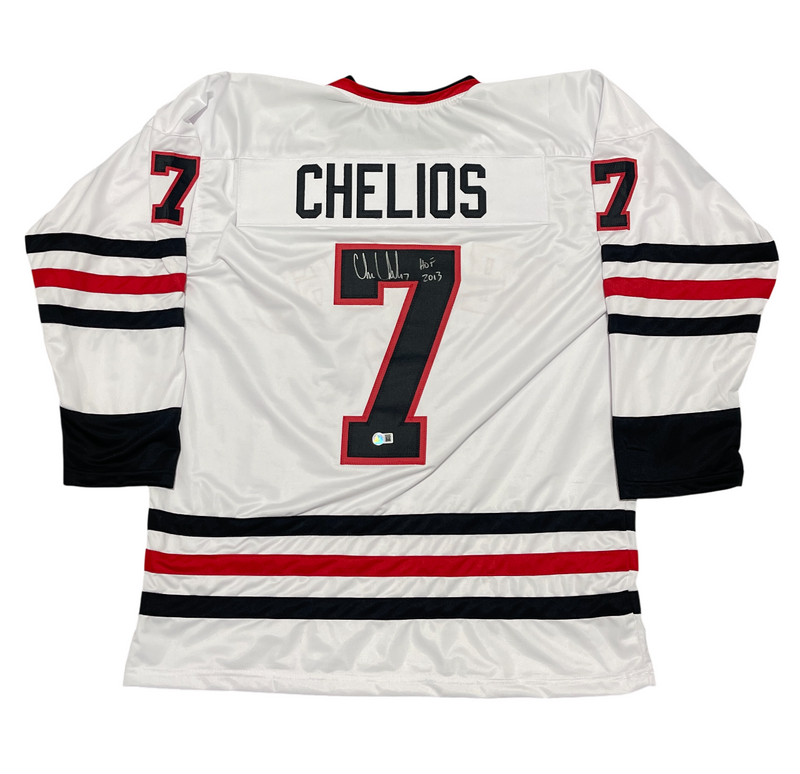 Chris Chelios Signed Chicago Custom Jersey w/ HOF 2013 Beckett Witness BAS COA