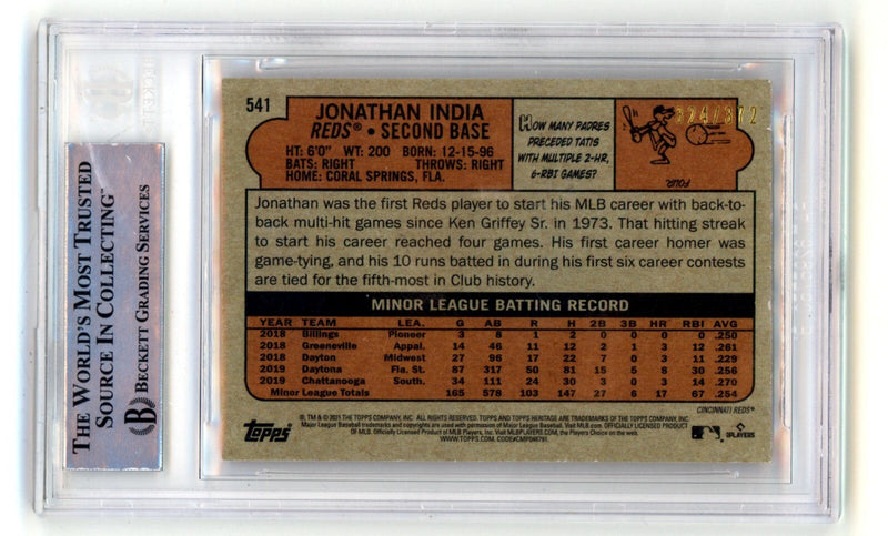 Jonathan India 2021 Topps Heritage Chrome Red Ref Auto /372 RC Insc BGS BAS Auto