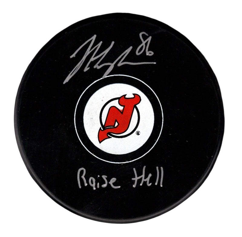 Jack Hughes Signed New Jersey Devils Logo Puck w/ Raise Hell Insc. Fanatics COA