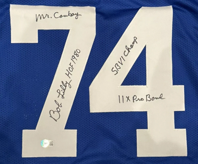 Bob Lilly Signed Dallas Cowboys Blue Custom Jersey w/ 4 Ins Beckett Wit BAS COA