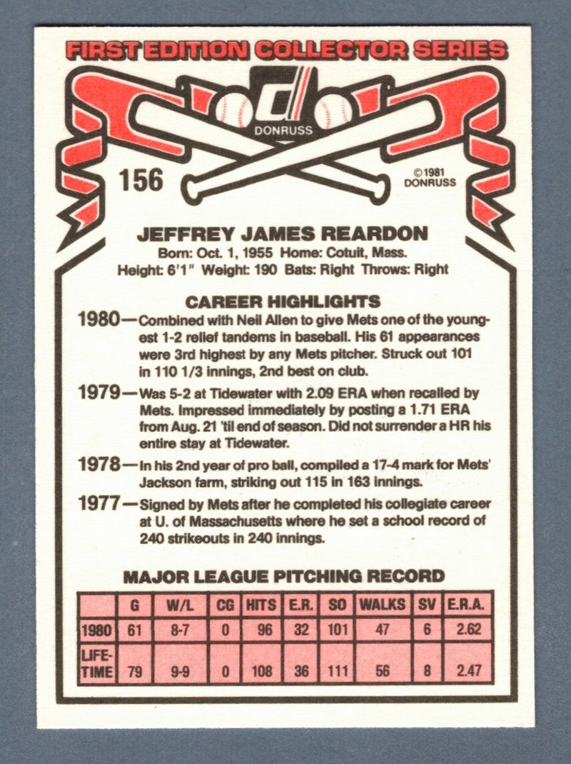 Jeff Reardon Signed 1981 Donruss Baseball #156 Rookie RC LSCM COA New York Mets