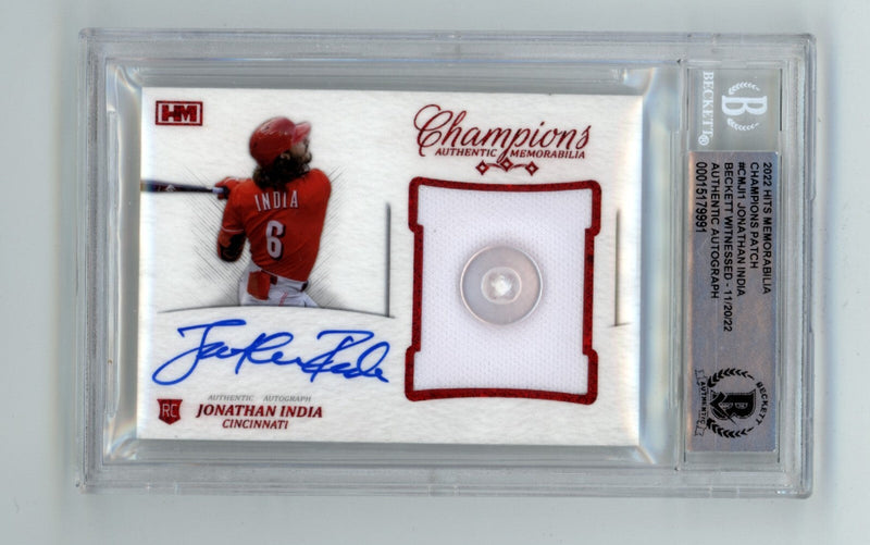 Jonathan India 2021 Hits Memorabilia Champions Red Prime Button Auto RC #6/6 BGS
