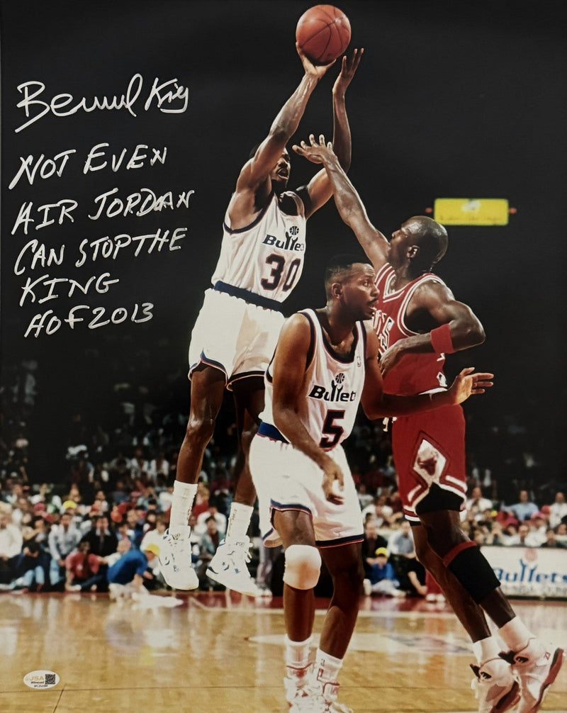 Bernard King Signed Bullets 16x20 Photo vs Jordan w/ Cant Stop Insc. JSA Wit COA