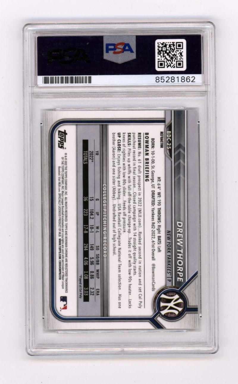 Drew Thorpe 2022 Bowman Chrome Draft Refractor 1st Rookie RC Signed PSA 10 Auto