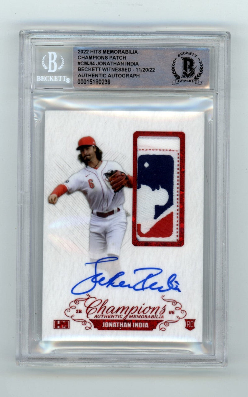 Jonathan India 2021 Hits Memorabilia Champions Red Logoman Tag Patch Auto RC 1/3