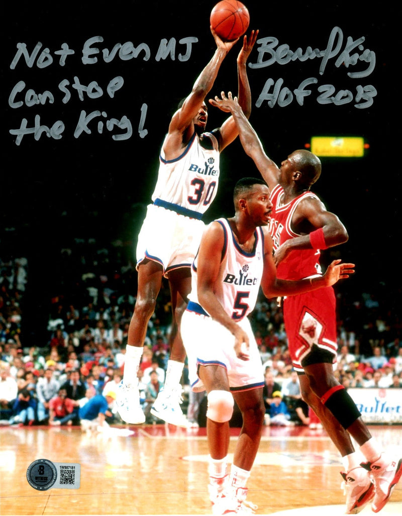 Bernard King Signed Bullets 8x10 Photo vs Jordan w/ 2x Ins Beckett W BAS COA #12