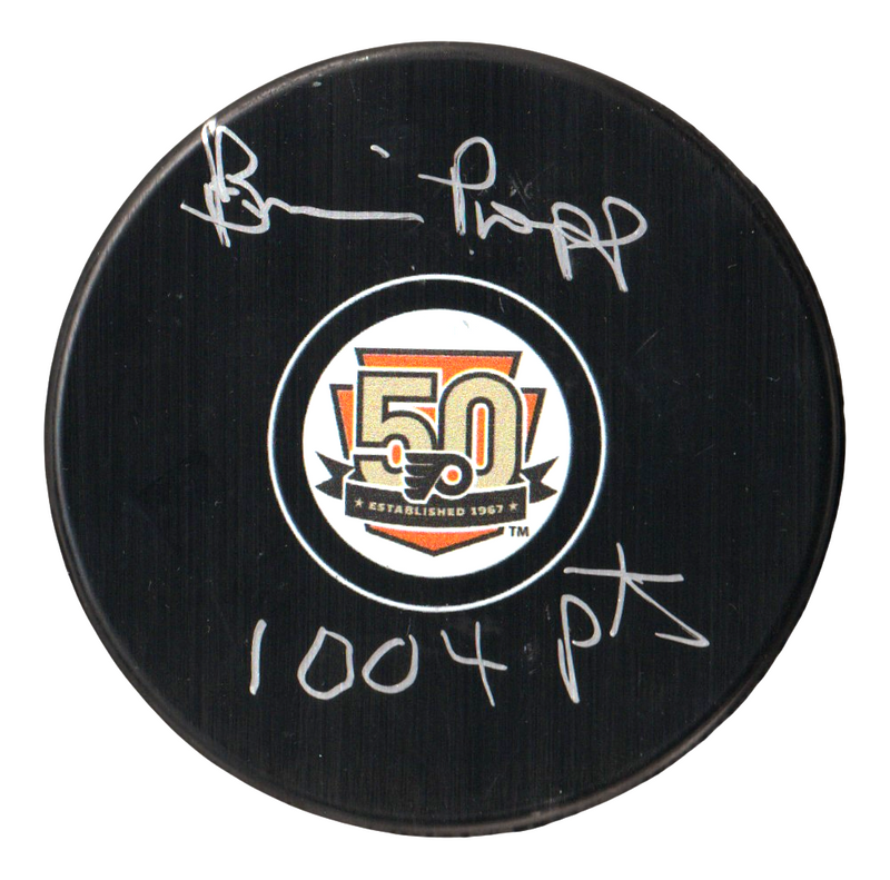 Brian Propp Signed Philadelphia Flyers 50th Puck w/ 1004 Pts Beckett Wit BAS COA