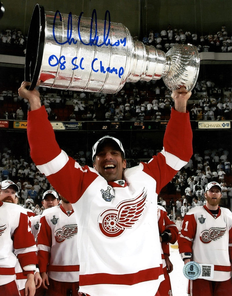 Chris Chelios Signed Red Wings 8x10 Photo w/ 08 SC Champs Beckett Wit BAS COA