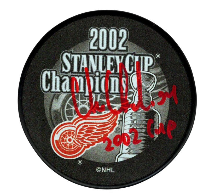 Chris Chelios Signed Auto 2002 Stanley Cup Puck w/ 2002 Cup Beckett BAS COA