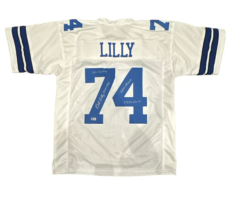 Bob Lilly Signed Dallas Cowboys White Custom Jersey w/ 4 Ins Beckett Wit BAS COA
