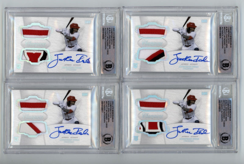 Jonathan India 2021 Hits Memorabilia Champions Patch Dual Auto RC #/10 BGS BAS