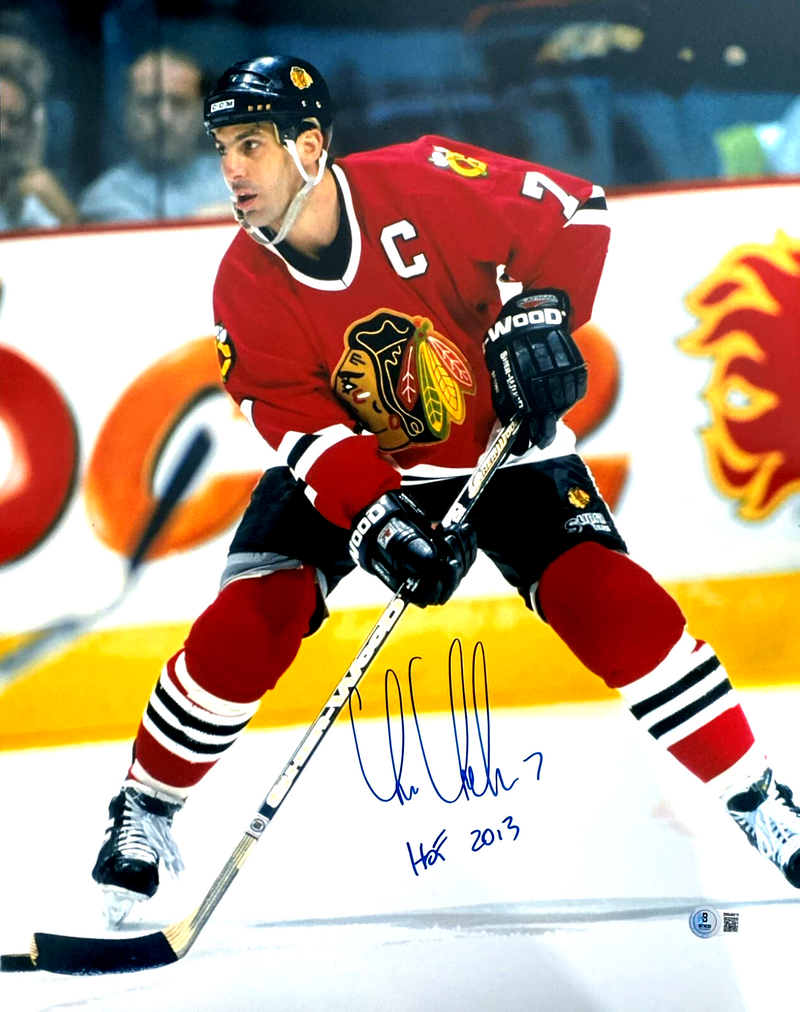 Chris Chelios Signed Blackhawks 16x20 Photo w/ HOF 2013 Beckett Witness BAS COA