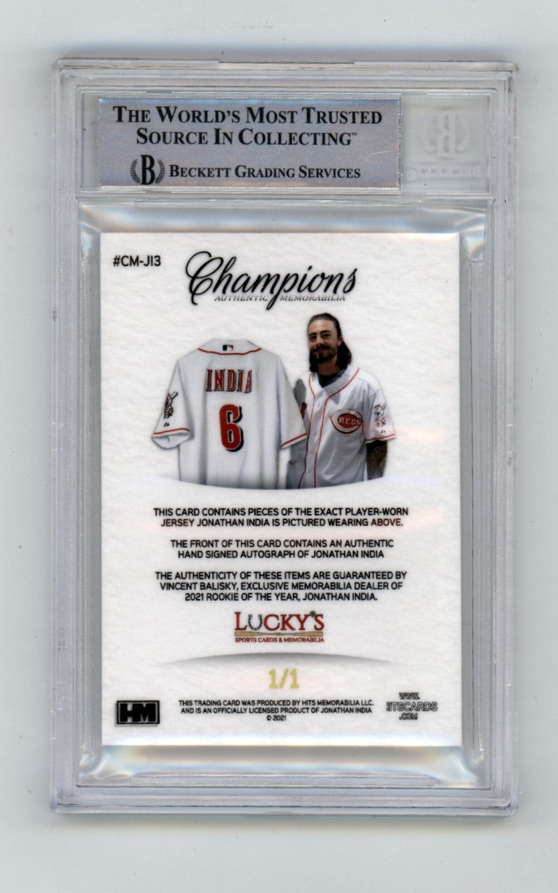 Jonathan India 2021 Hits Memorabilia Champions Gold Patch Dual Auto 1/1 RC BGS V