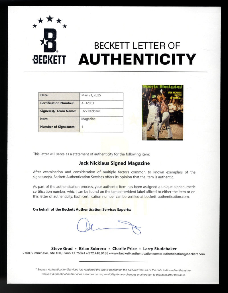 Jack Nicklaus Signed Sports Illustrated SI 4/17/1972 Masters Beckett BAS LOA COA