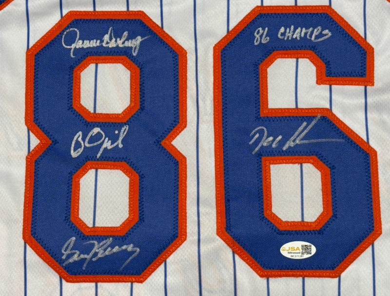 Gooden Darling Ojeda Fernandez Signed Custom Mets Jersey w/ 86 Champs JSA W COA