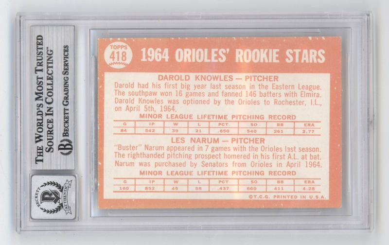 Darold Knowles 1964 Topps #418 Signed Rookie RC w/ 2 Insc. Beckett BGS 10 Auto
