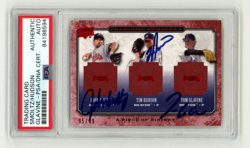John Smoltz Tim Hudson Tom Glavine 2008 UD Piece of History #/99 Signed PSA Auto