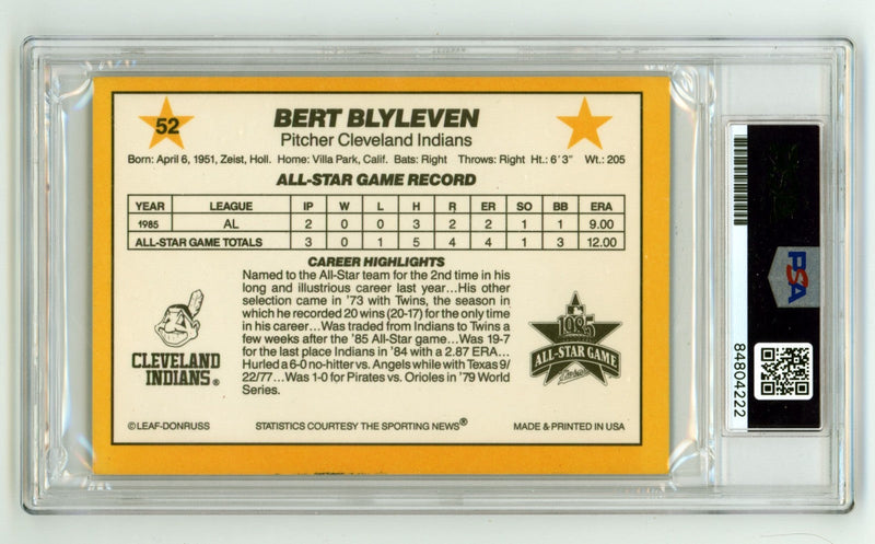 Bert Blyleven 1986 Donruss Signed Jumbo All Star Game Card PSA 10 Auto Indians