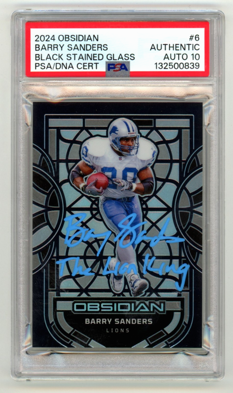 Barry Sanders 2024 Obsidian Black Stained Glass SP Signed PSA 10 Auto Lion King