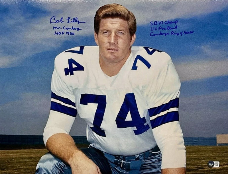 Bob Lilly Signed 16x20 Photo Cowboys w/ 5 Ins Beckett Witness BAS COA