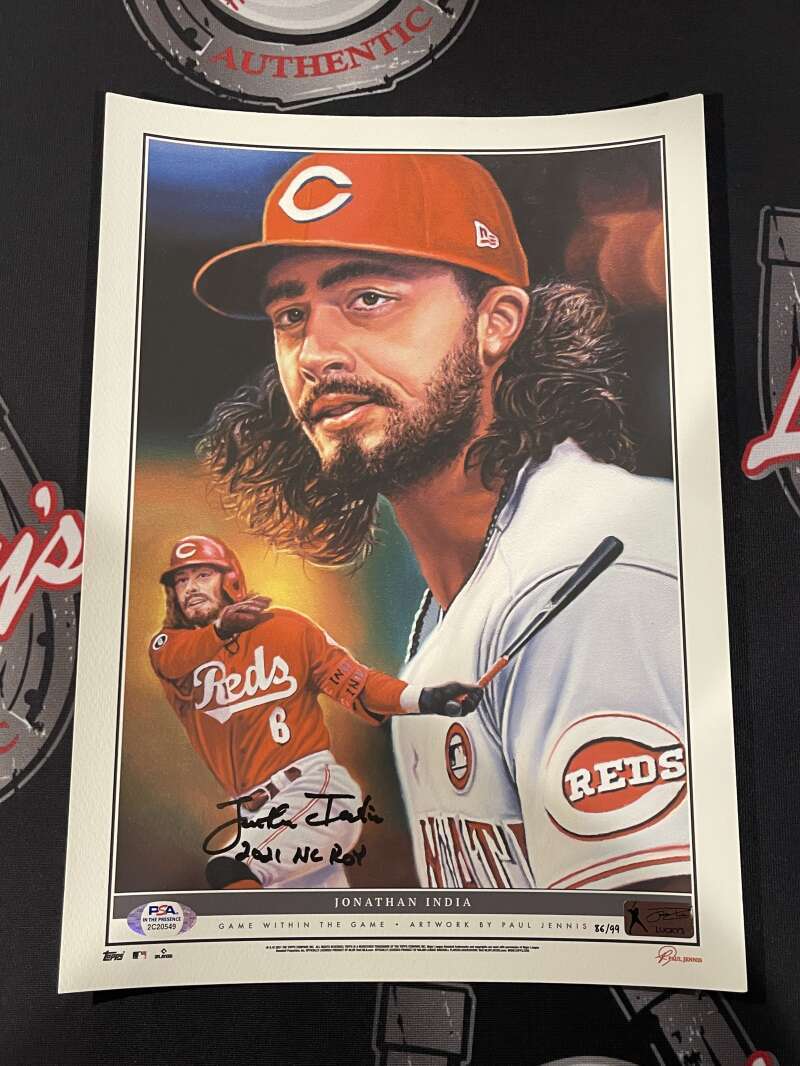 Jonathan India Signed Auto 10x14 Topps Game within the Game Print /99 PSA COA