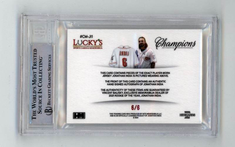 Jonathan India 2021 Hits Memorabilia Champions Red Prime Button Auto RC #6/6 BGS