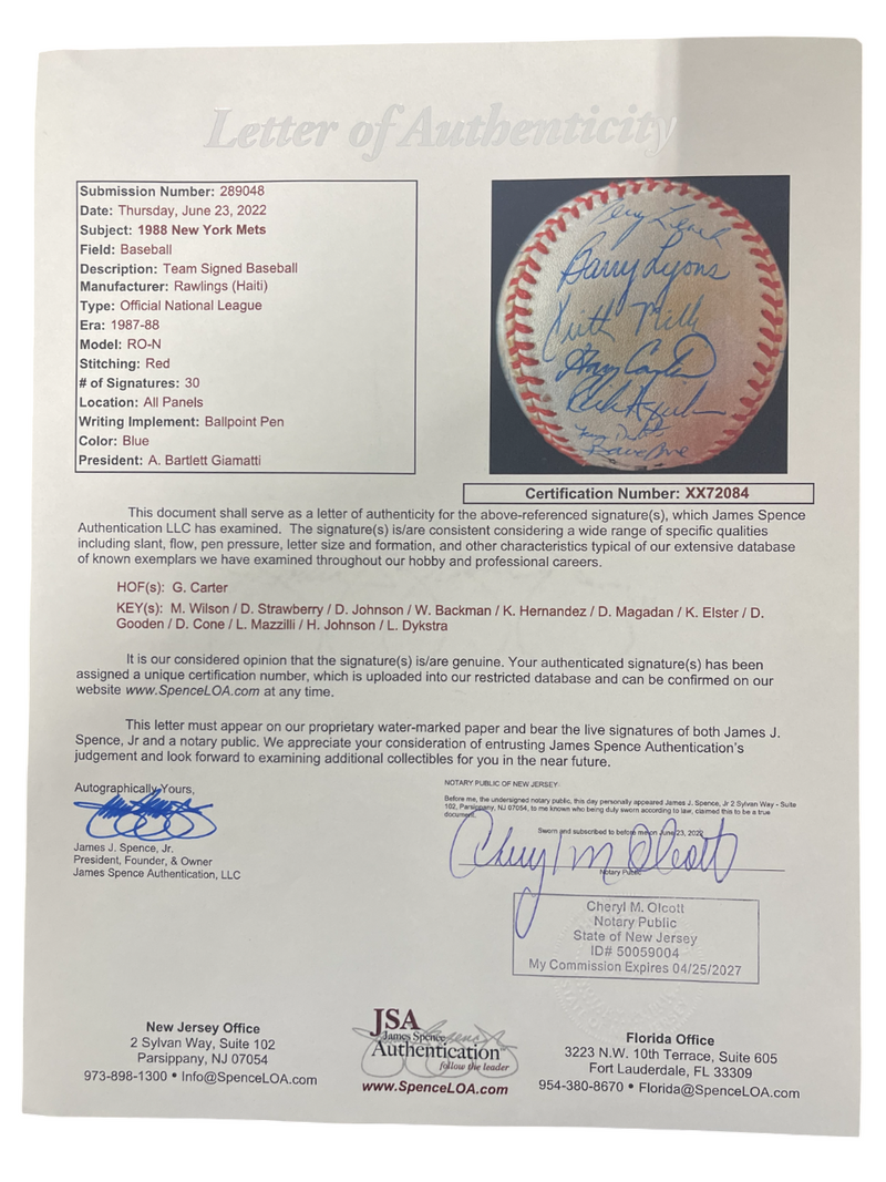 1988 New York Mets Team Signed Autograph ONL National League Baseball JSA LOA A