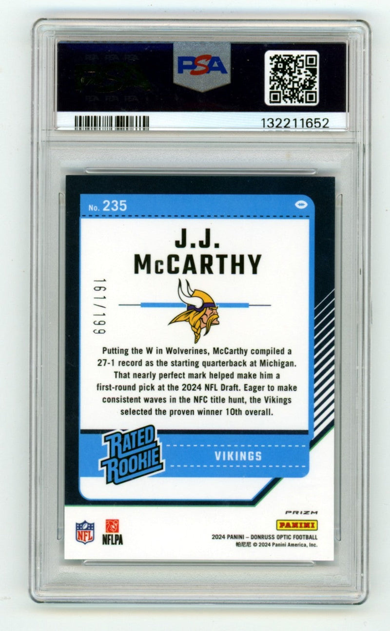 J.J. McCarthy 2024 Donruss Optic Blue Prizm Signed Rated Rookie RC /199 PSA Auto