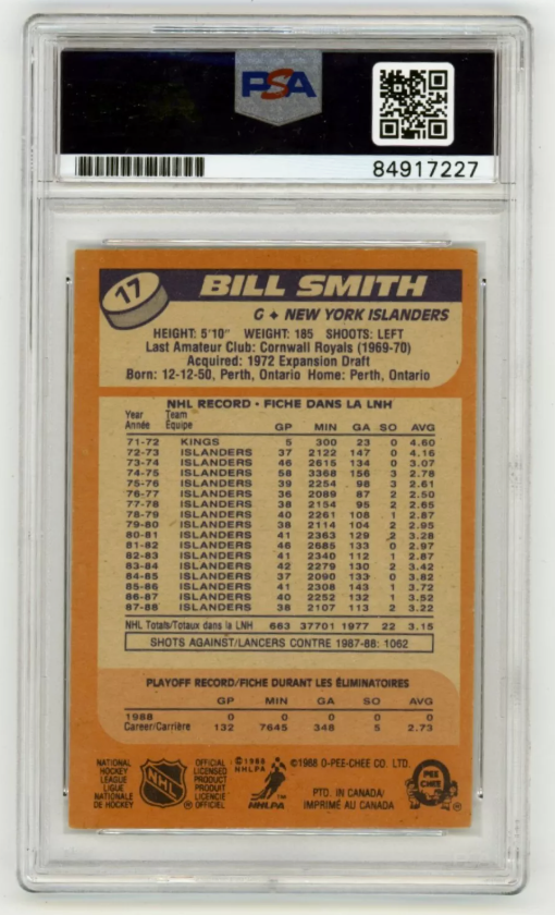 Billy Smith 1988-89 O-Pee-Chee OPC #17 Signed PSA Authentic Auto Blue Islanders