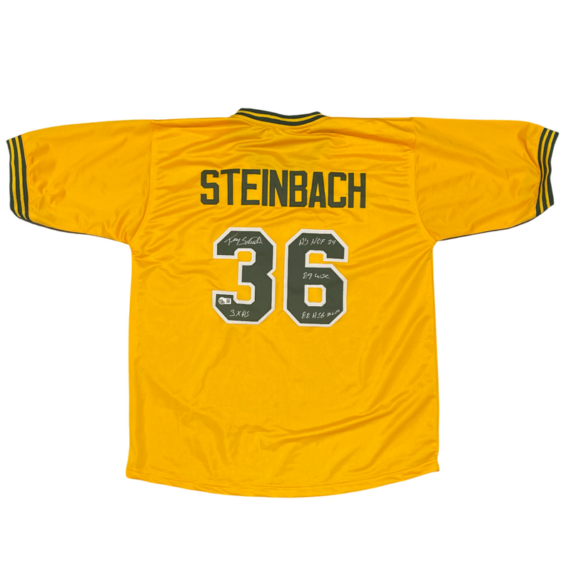Terry Steinbach Signed Athletics Custom Jersey w/ 4 Ins Beckett Witness BAS COA