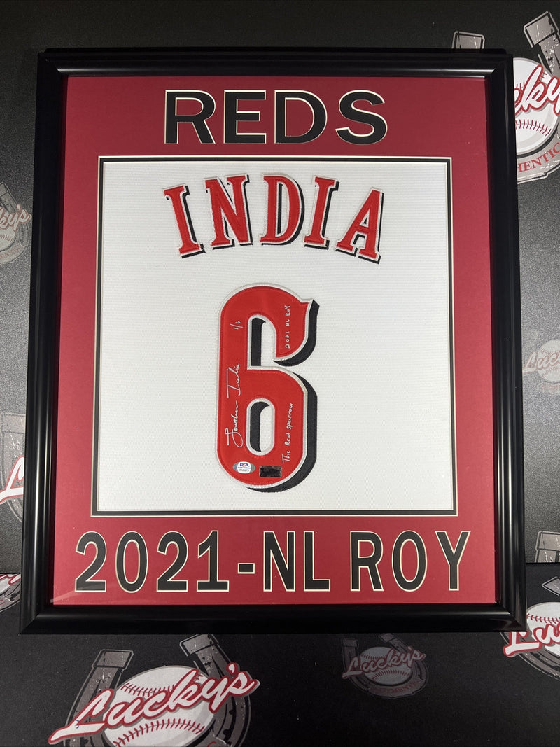 Jonathan India Signed Framed Custom Jersey w/ 2 Insc LE #1/6 Reds PSA ITP COA