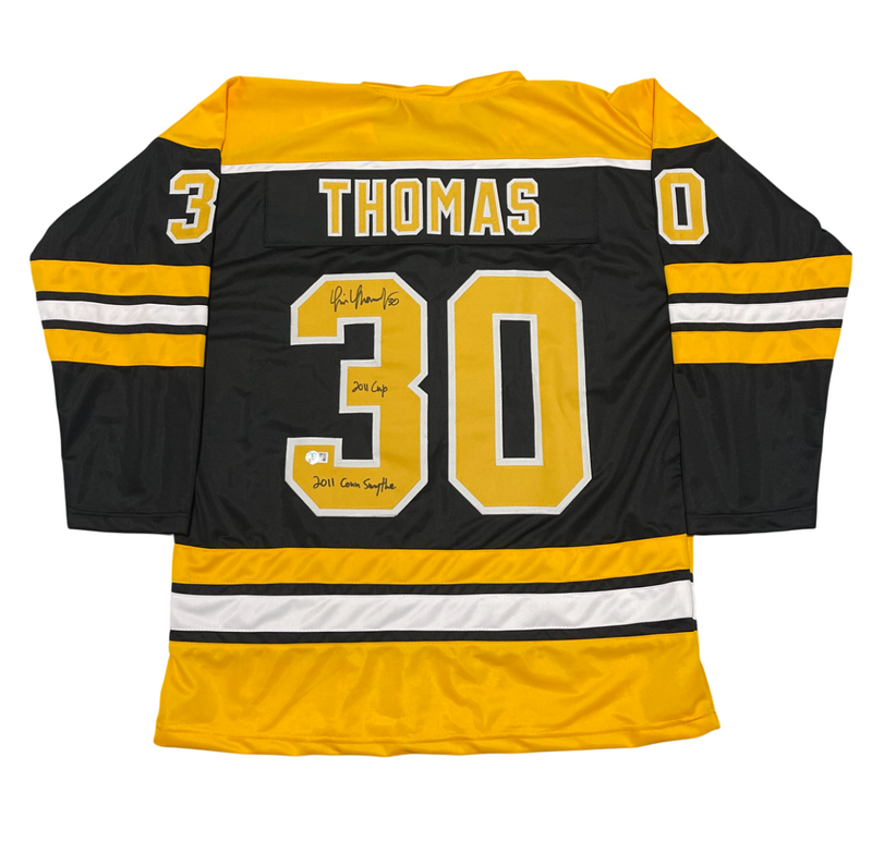 Tim Thomas Signed Bruins Custom Jersey w 2011 Cup & Con Smythe Beckett W BAS COA