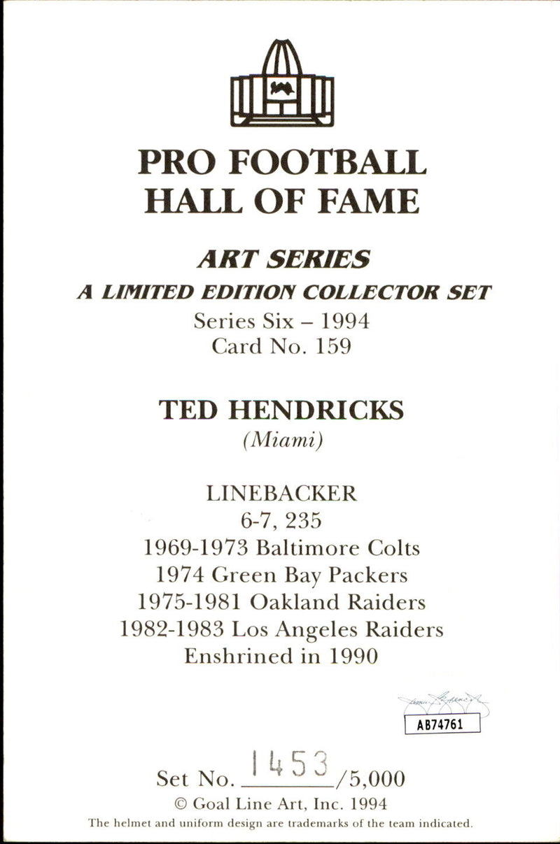Ted Hendricks HOF Autographed/Inscribed Goal Line Art GLAC Postcard Raiders JSA