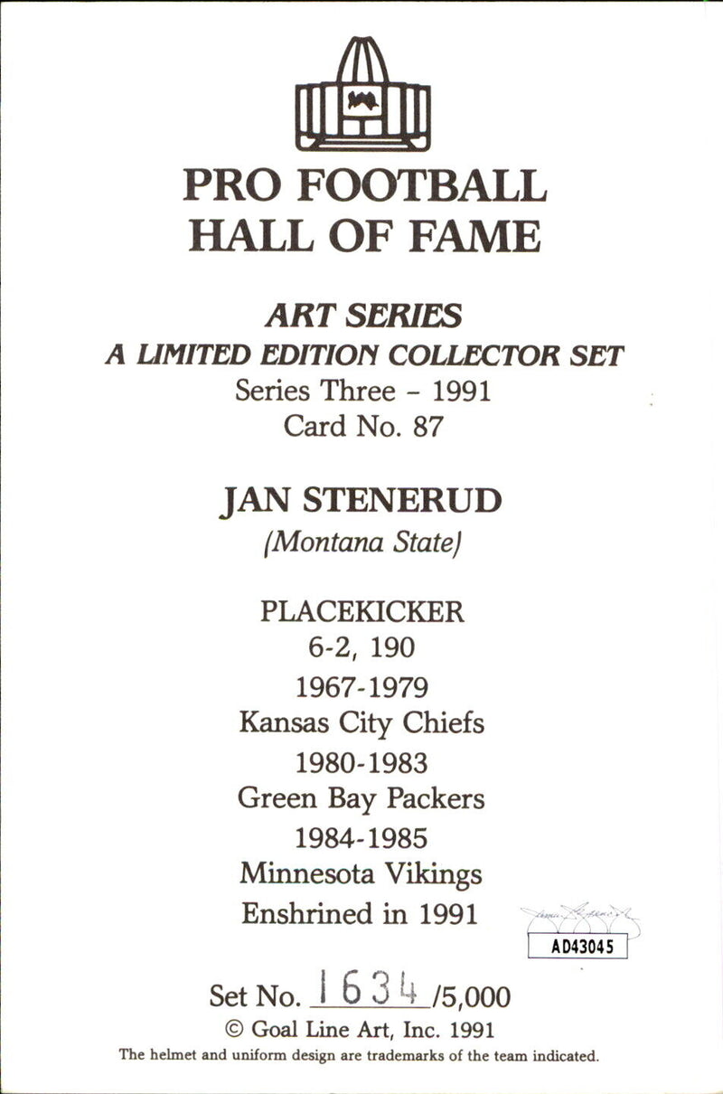 Jan Stenerud HOF Autographed Goal Line Art GLAC Postcard KC Chiefs JSA