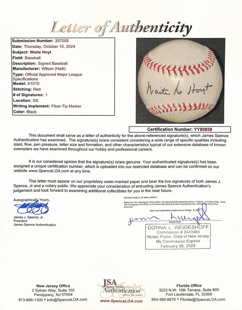 Waite Hoyt HOF Signed/Auto Wilson Official Size Baseball Yankees JSA 191765