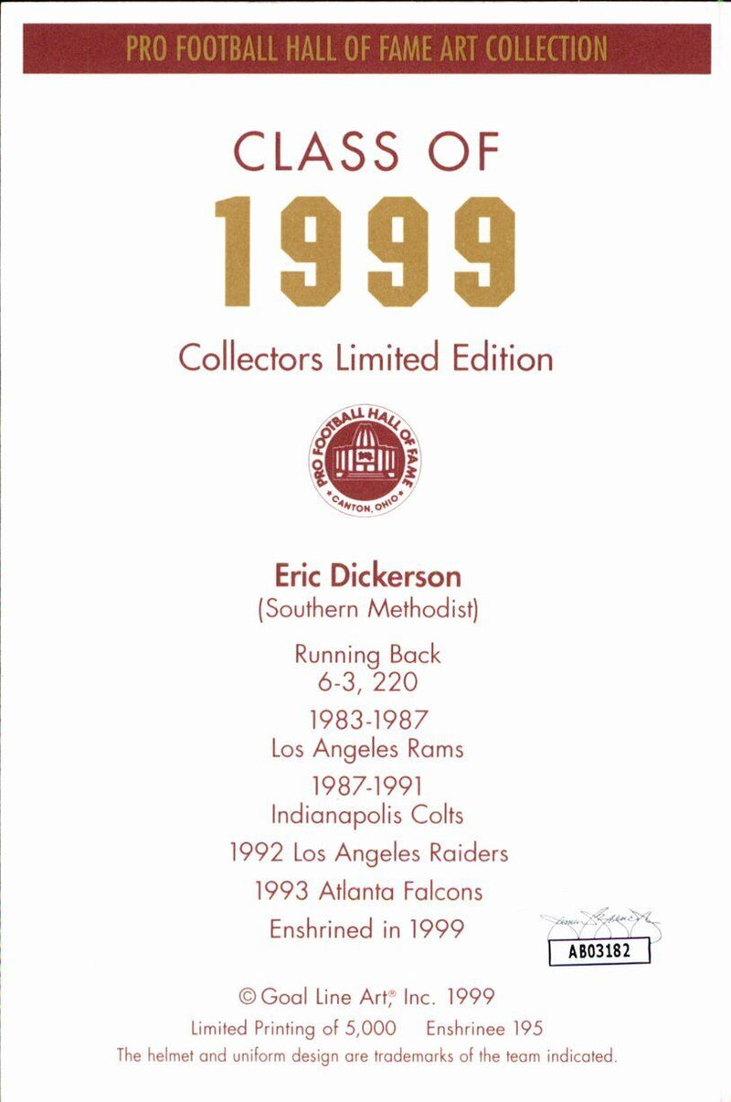 Eric Dickerson HOF Rams Signed/Inscribed Goal Line Art GLAC Postcard JSA 167067