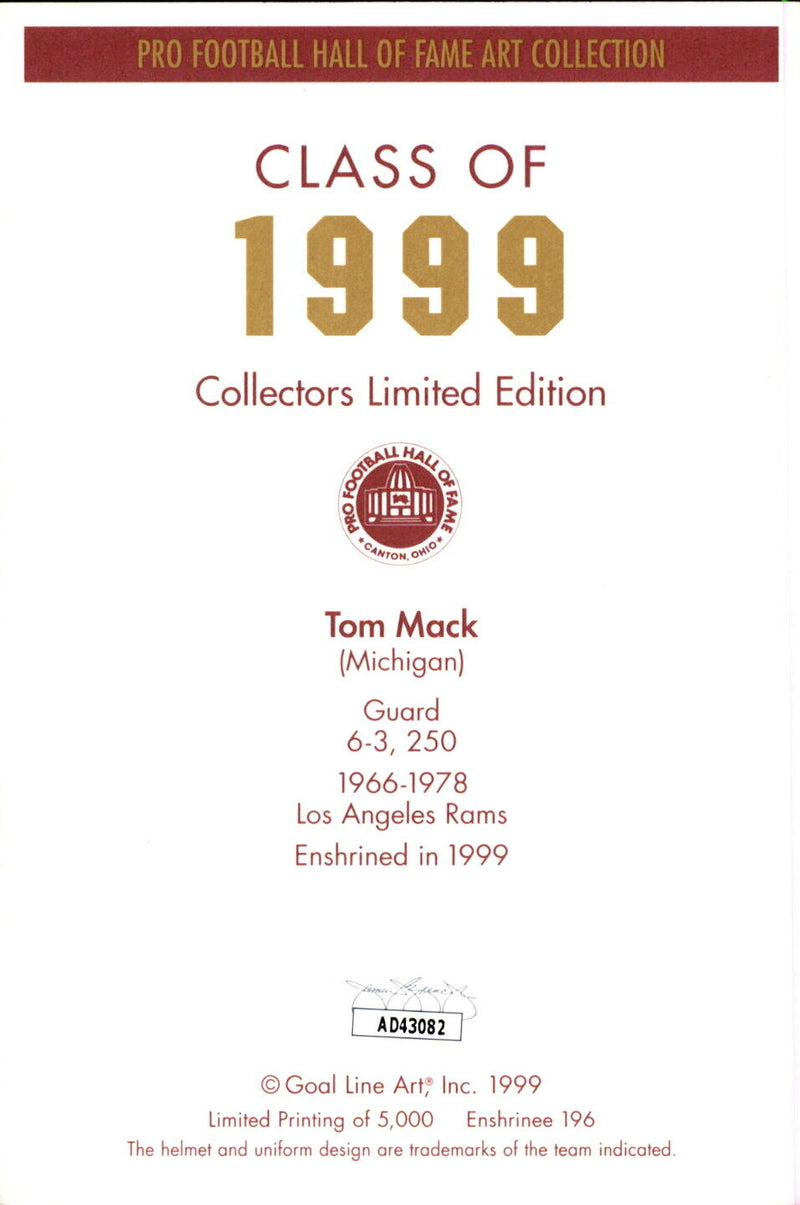 Tom Mack HOF Autographed Goal Line Art GLAC Postcard Los Angeles Rams JSA