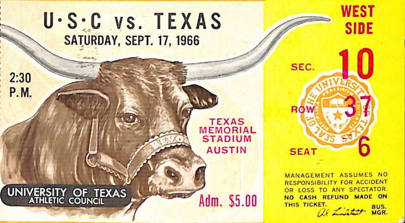 Texas Longhorns Football Ticket VS USC 9/17/1966 187578