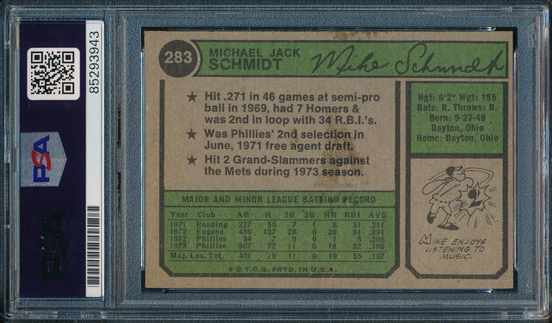 1974 Topps Mike Schmidt Phillies Card #283 Signed PSA/DNA GEM MINT 10 190439