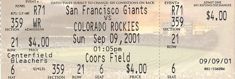 Barry Bonds 3 Homeruns #61,62,63 Full Ticket Giants vs Rockies 9/9/2001 187604